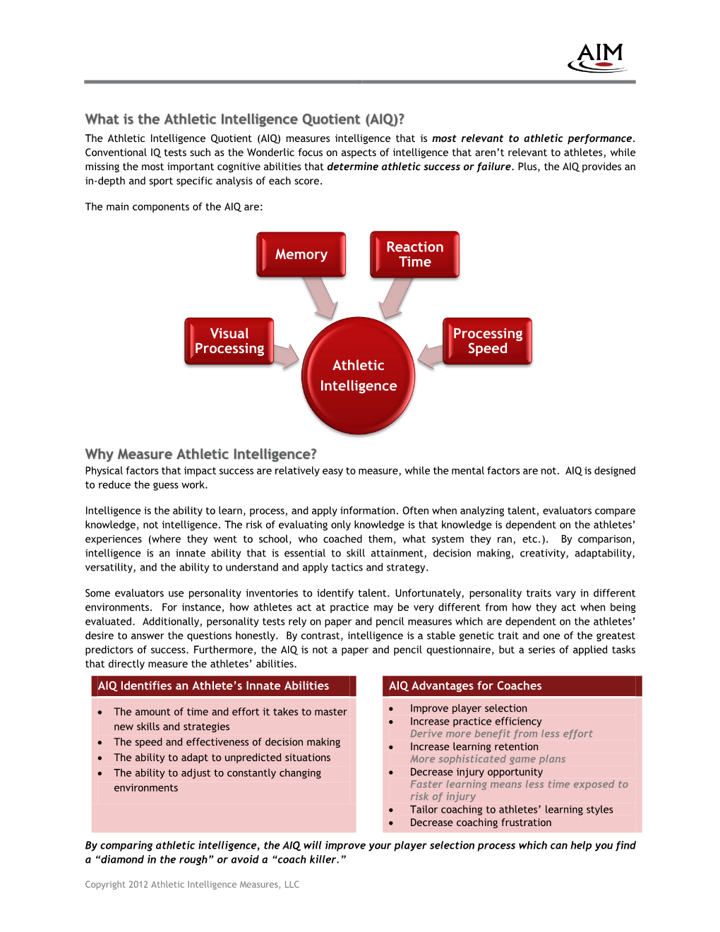 Athletic Intelligence Quotient (AIQ)? the Athletic Intelligence Quotient (AIQ) Measures Intelligence That Is Most Relevant to Athletic Performance