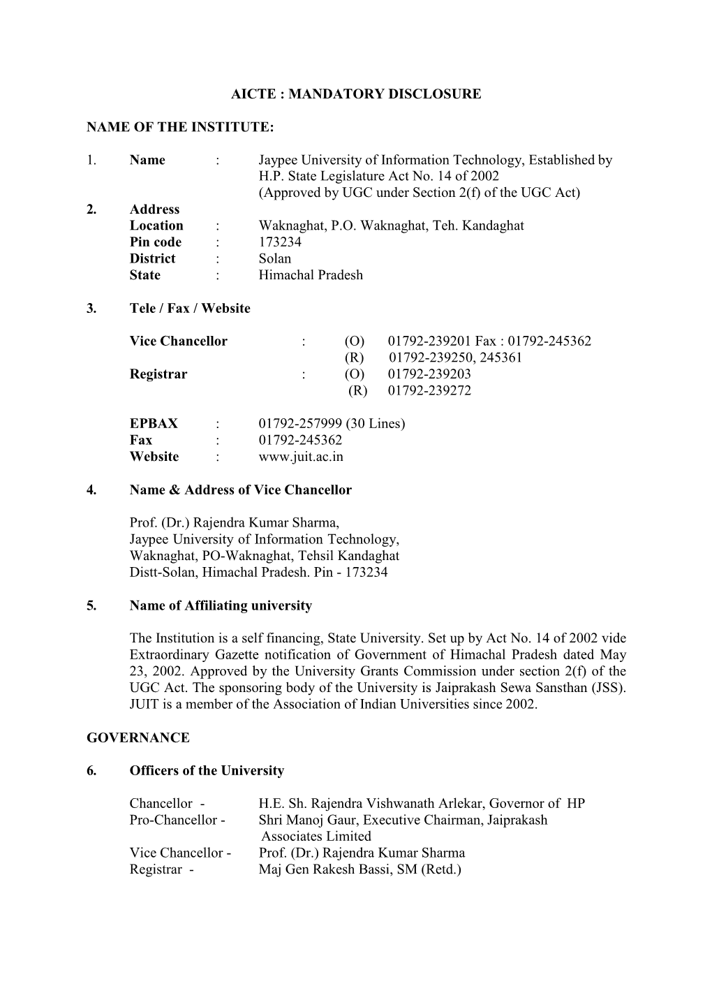 Aicte : Mandatory Disclosure Name of the Institute