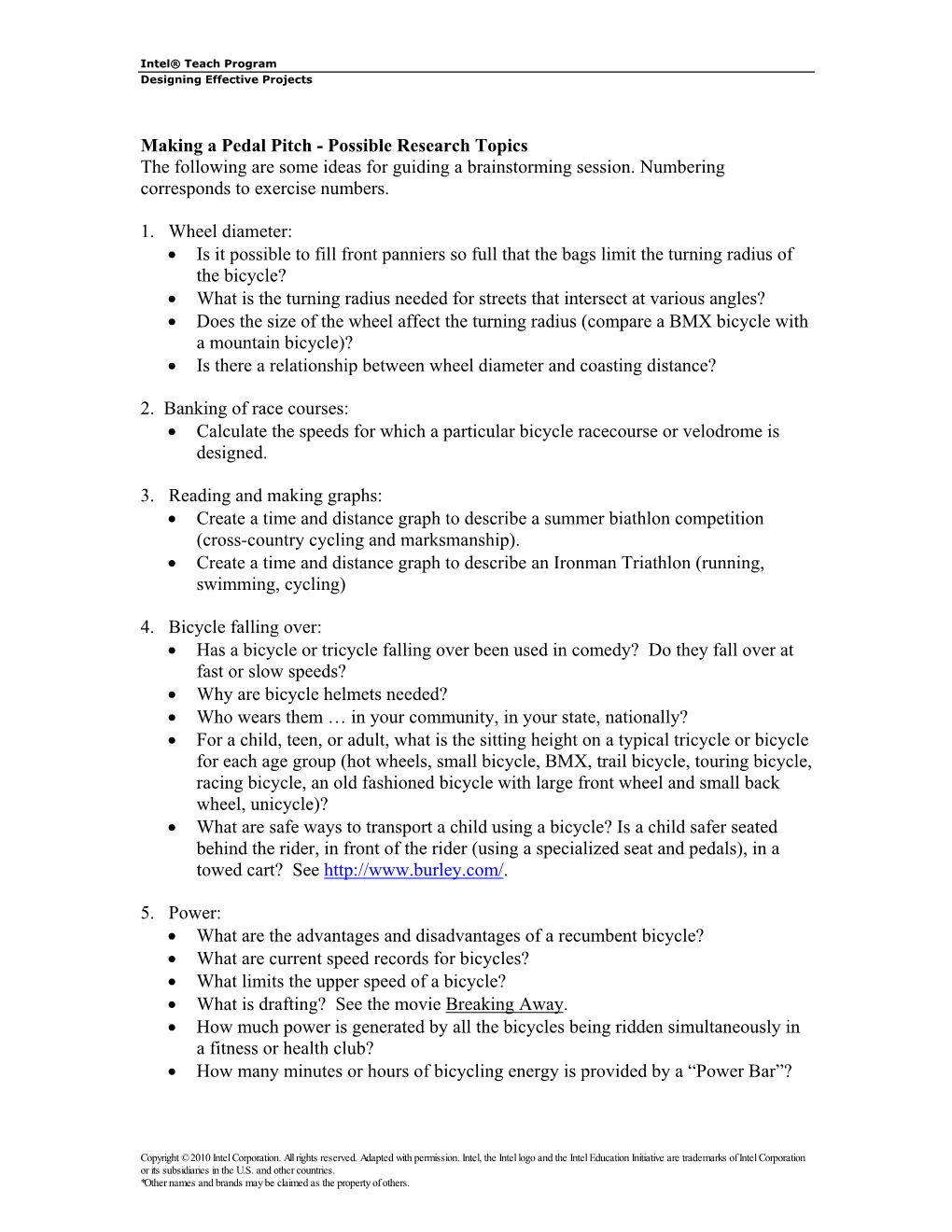 Making a Pedal Pitch - Possible Research Topics the Following Are Some Ideas for Guiding a Brainstorming Session