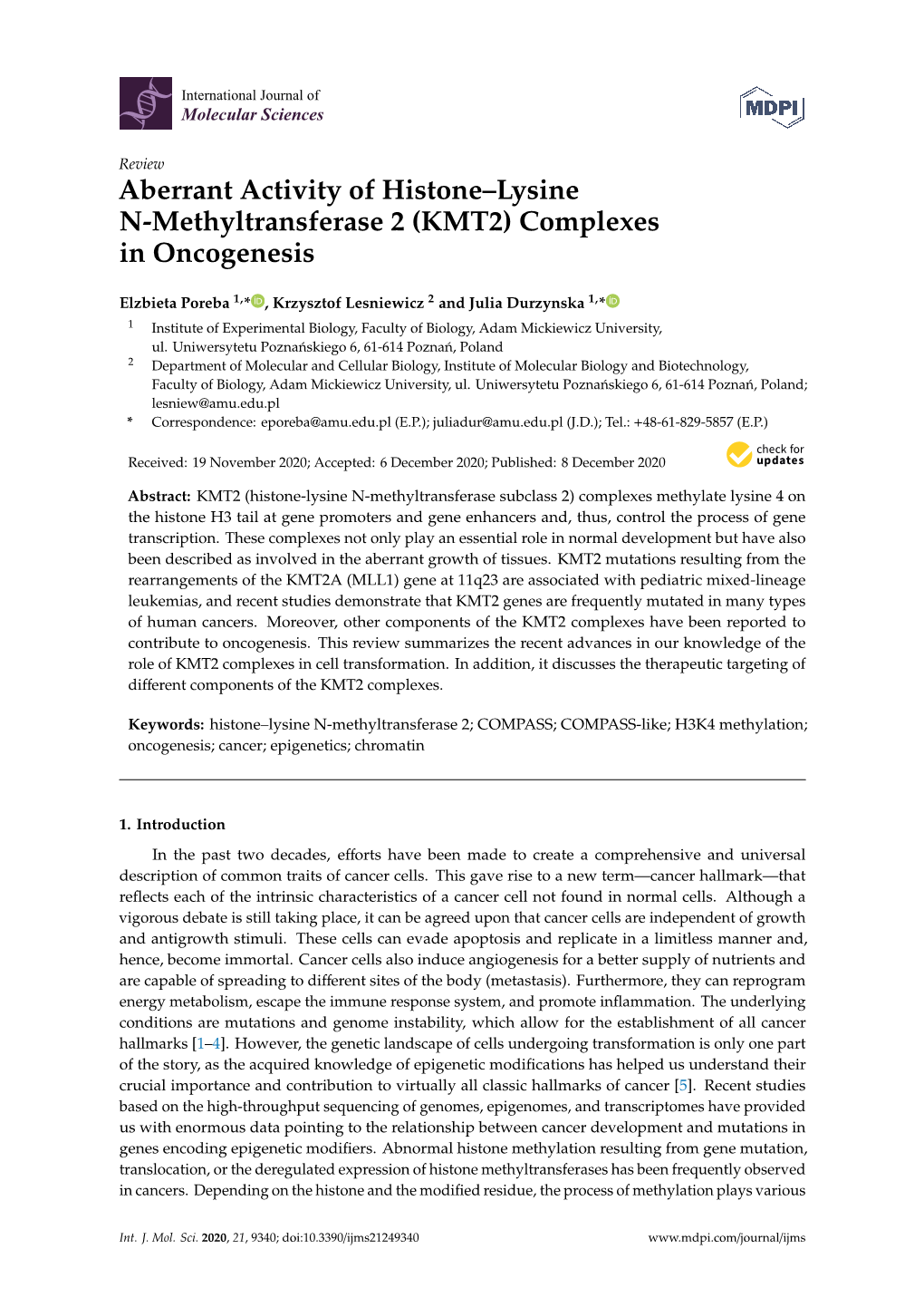 Aberrant Activity of Histone–Lysine N-Methyltransferase 2 (KMT2) Complexes in Oncogenesis