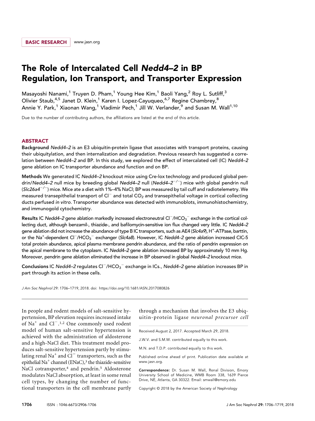 The Role of Intercalated Cell Nedd4–2 in BP Regulation, Ion Transport, and Transporter Expression