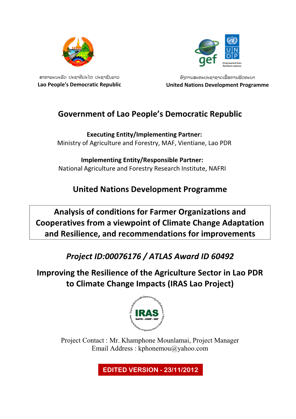 Lao People's Democratic Republic United Nations Development Programme