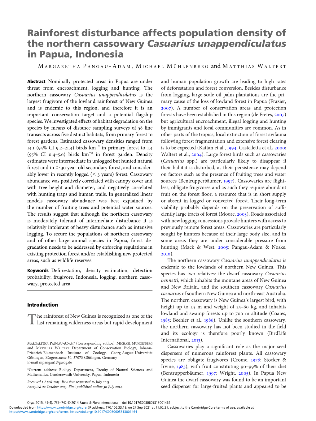 Rainforest Disturbance Affects Population Density of the Northern Cassowary Casuarius Unappendiculatus in Papua, Indonesia