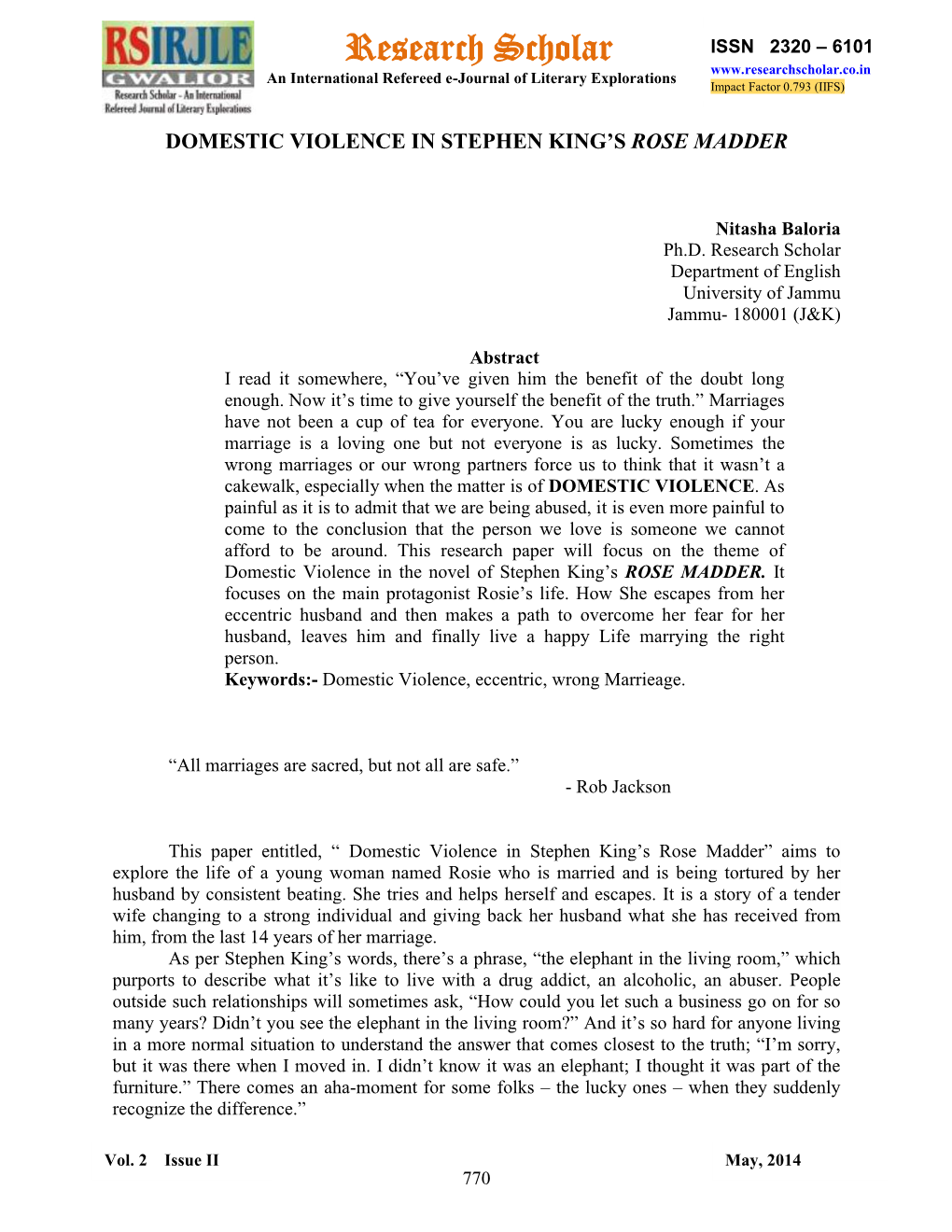 Research Scholar ISSN 2320 – 6101 an International Refereed E-Journal of Literary Explorations Impact Factor 0.793 (IIFS)