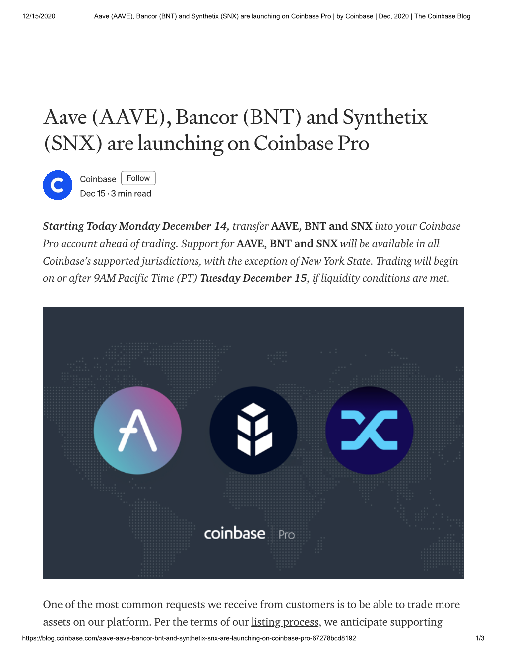 (AAVE), Bancor (BNT) and Synthetix (SNX) Are Launching on Coinbase Pro | by Coinbase | Dec, 2020 | the Coinbase Blog