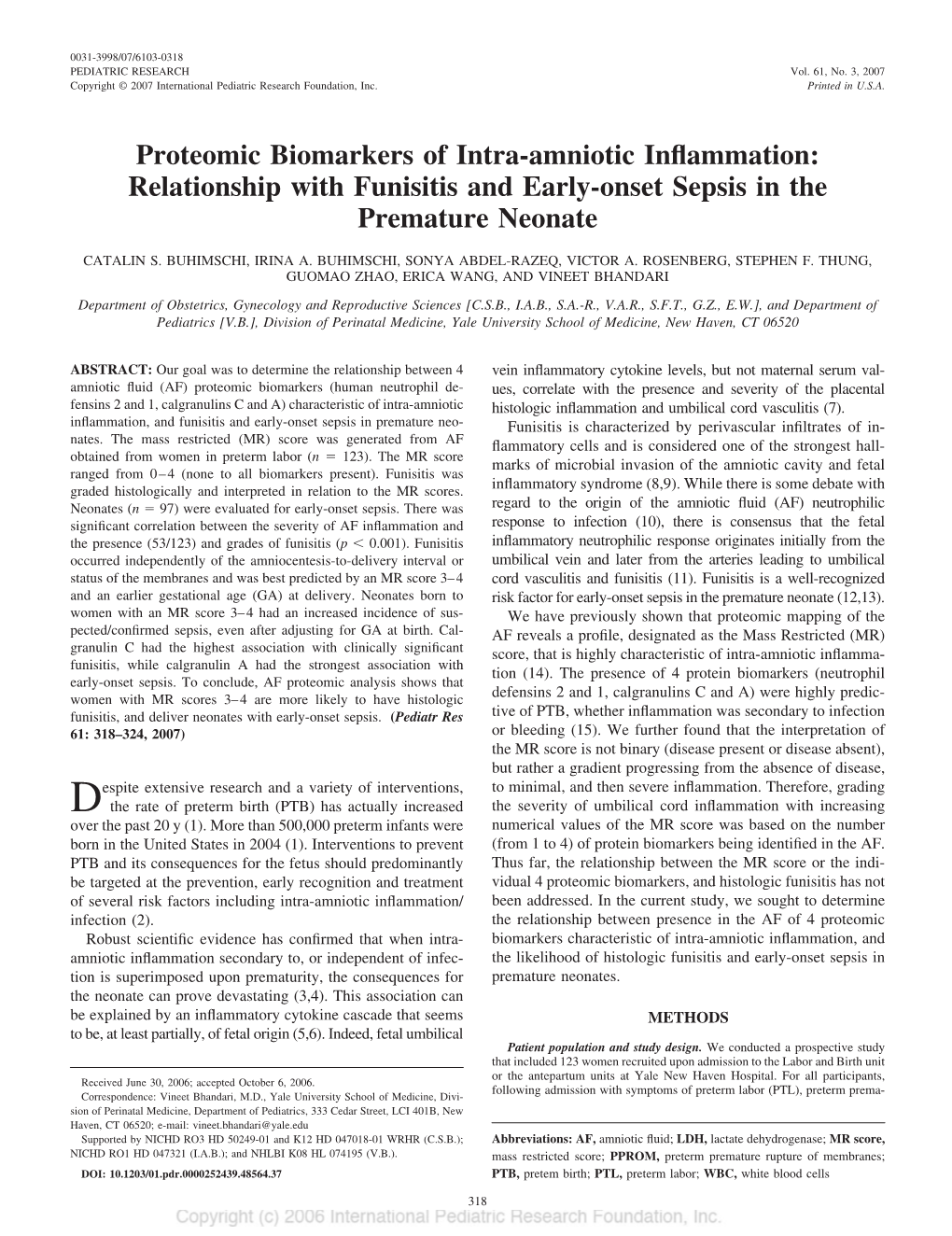 Proteomic Biomarkers of Intra-Amniotic Inflammation