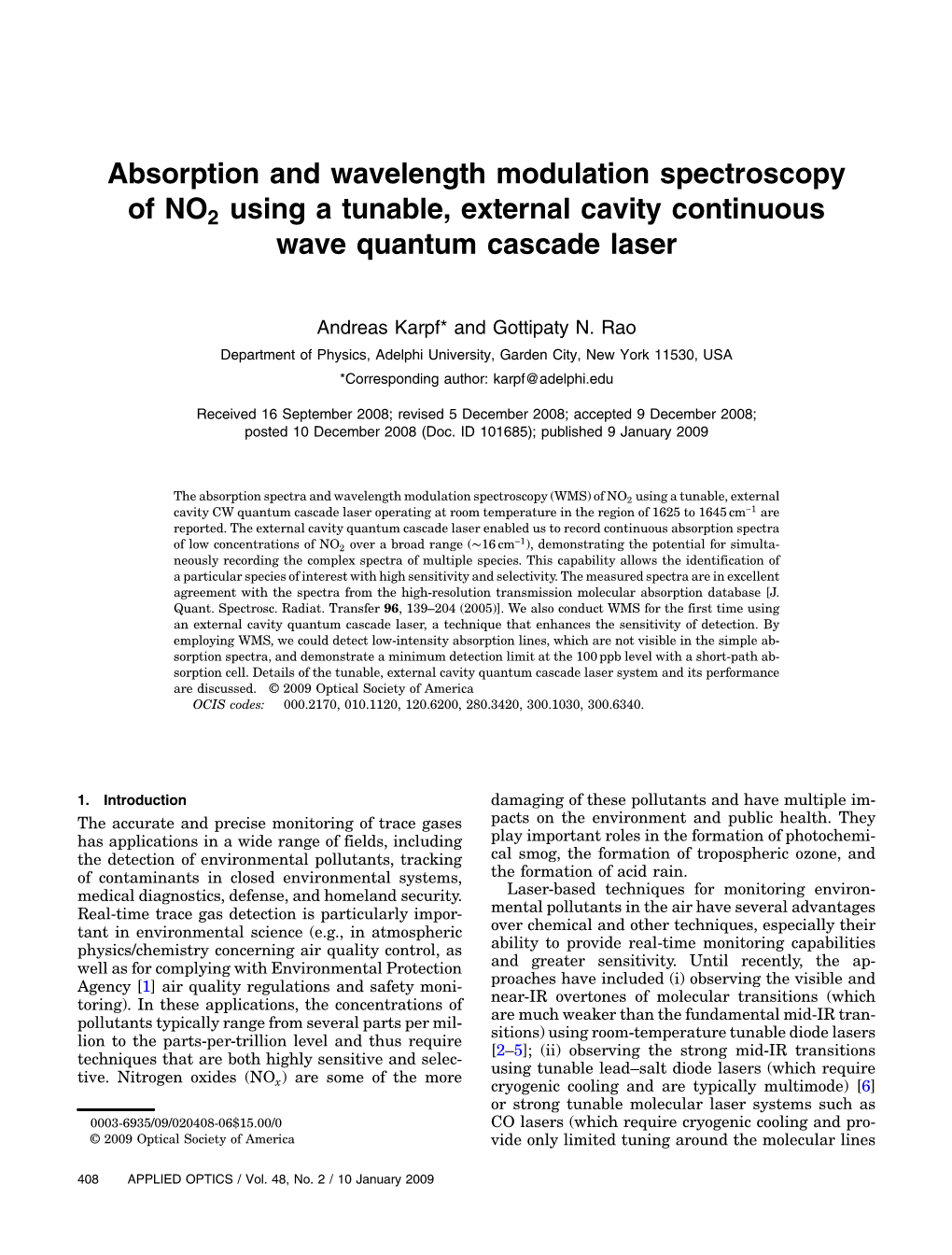 Absorption and Wavelength Modulation Spectroscopy of NO2 Using a Tunable, External Cavity Continuous Wave Quantum Cascade Laser