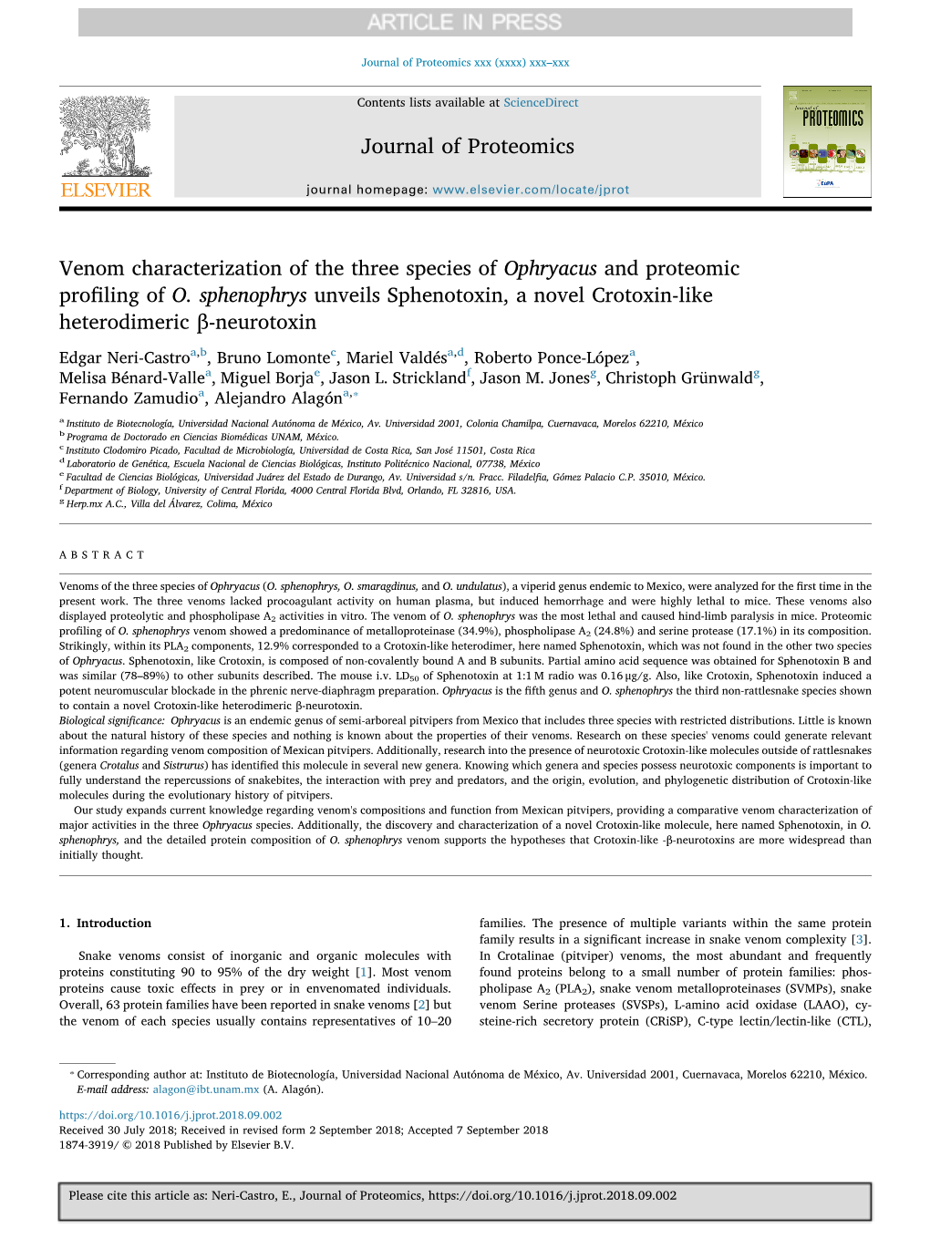 Venom Characterization of the Three Species of Ophryacus and Proteomic Profiling of O. Sphenophrys Unveils Sphenotoxin, a Novel