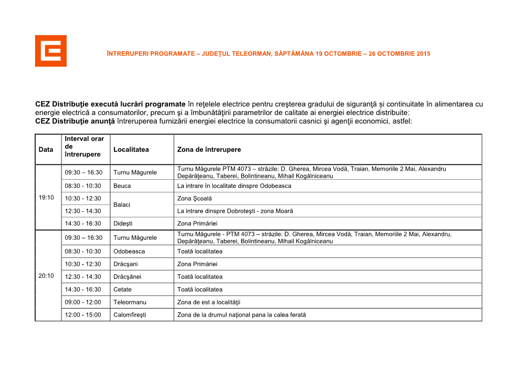 CEZ Distribuţie Execută Lucrări Programate În