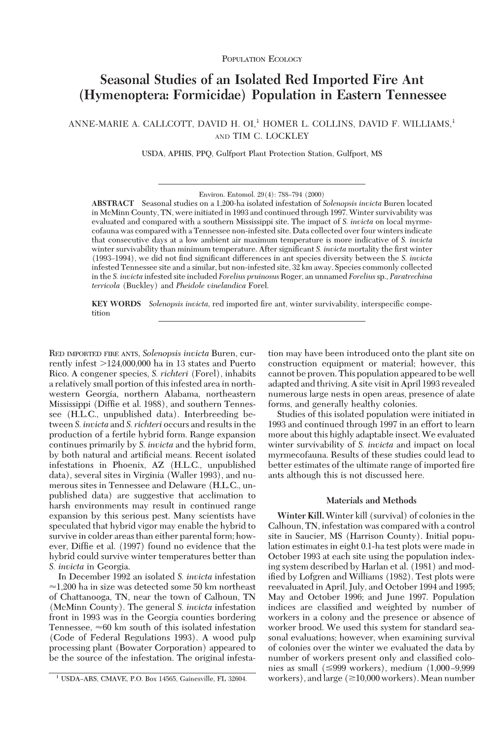 Seasonal Studies of an Isolated Red Imported Fire Ant (Hymenoptera: Formicidae) Population in Eastern Tennessee