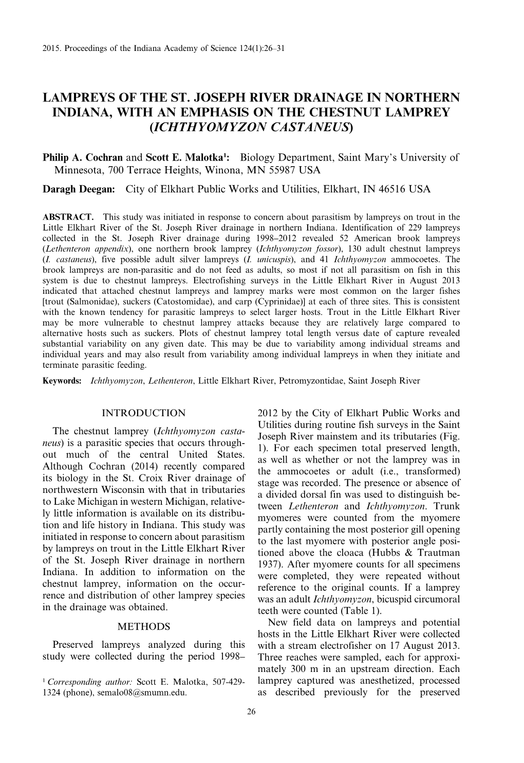 Lampreys of the St. Joseph River Drainage in Northern Indiana, with an Emphasis on the Chestnut Lamprey (Ichthyomyzon Castaneus)