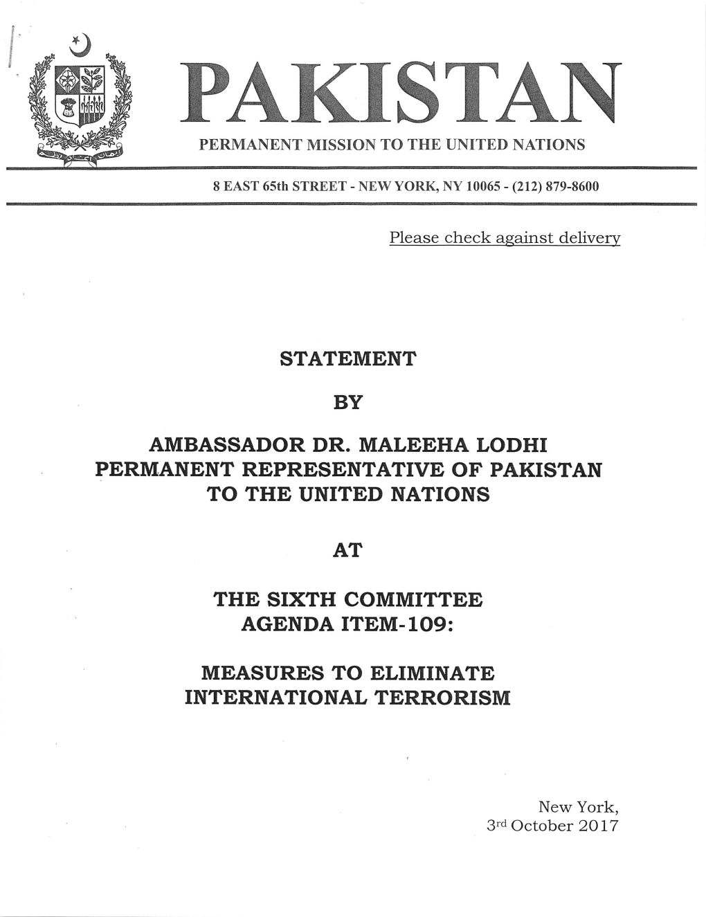 Pakistan Statement -- International Terrorism