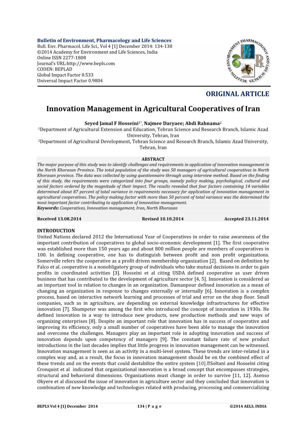 Innovation Management in Agricultural Cooperatives of Iran