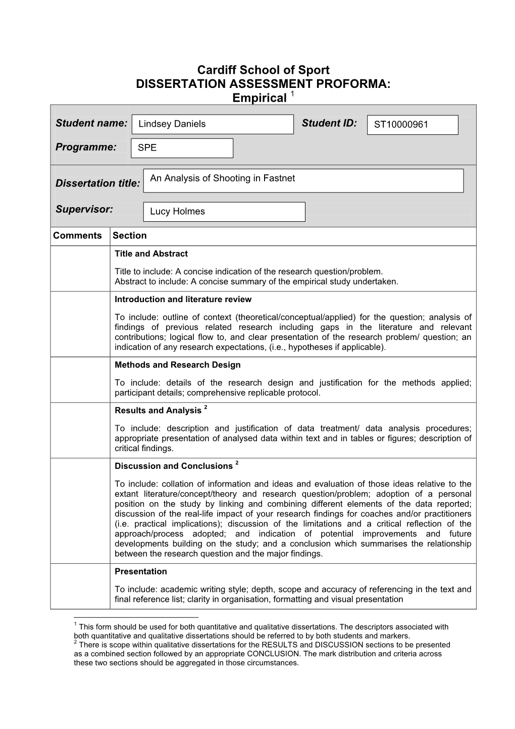 Cardiff School of Sport DISSERTATION ASSESSMENT PROFORMA: Empirical 1