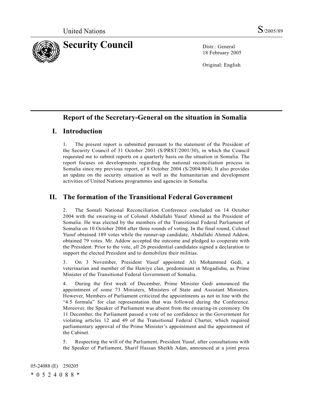 Security Council Distr.: General 18 February 2005