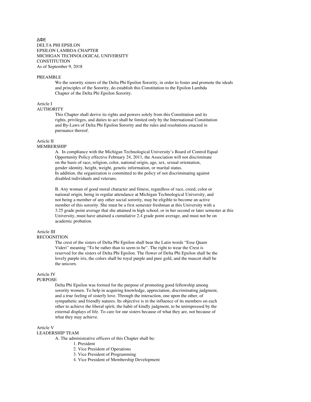 ΔΦΕ DELTA PHI EPSILON EPSILON LAMBDA CHAPTER MICHIGAN TECHNOLOGICAL UNIVERSITY CONSTITUTION As of September 9, 2018