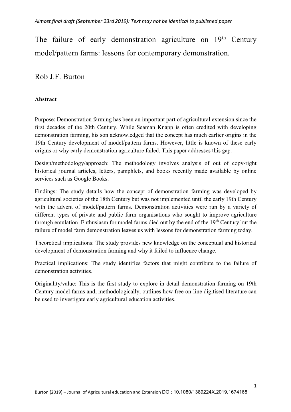 The Failure of Early Demonstration Agriculture on 19Th Century Model/Pattern Farms: Lessons for Contemporary Demonstration