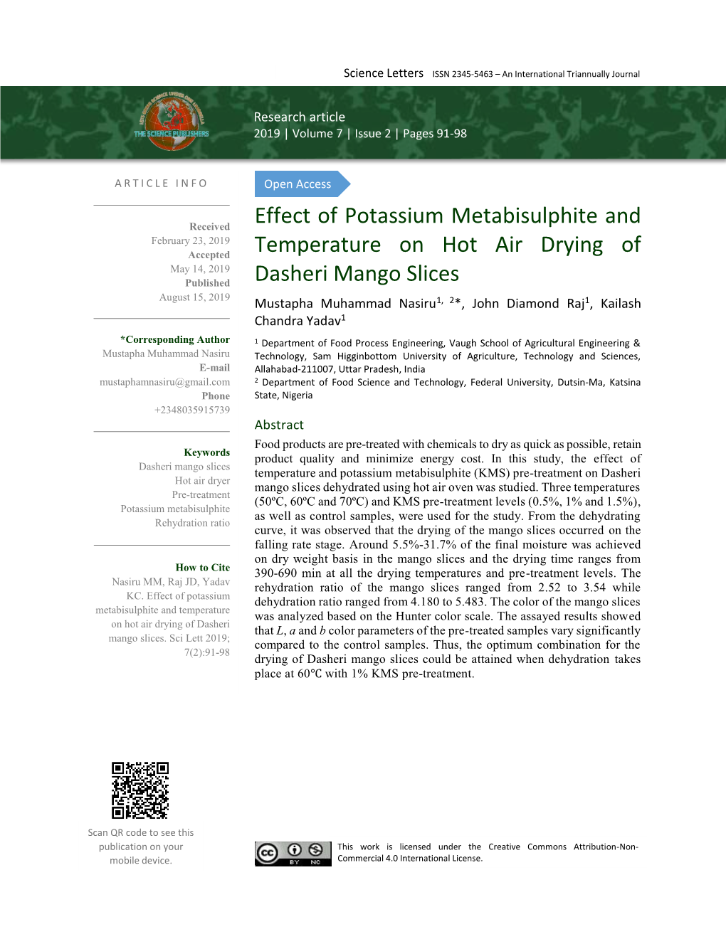 Effect of Potassium Metabisulphite and Temperature on Hot Air Drying of Dasheri Mango Slices