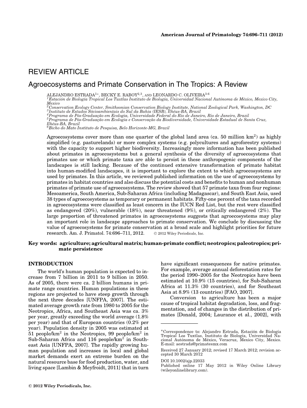 REVIEW ARTICLE Agroecosystems and Primate Conservation in the Tropics: a Review