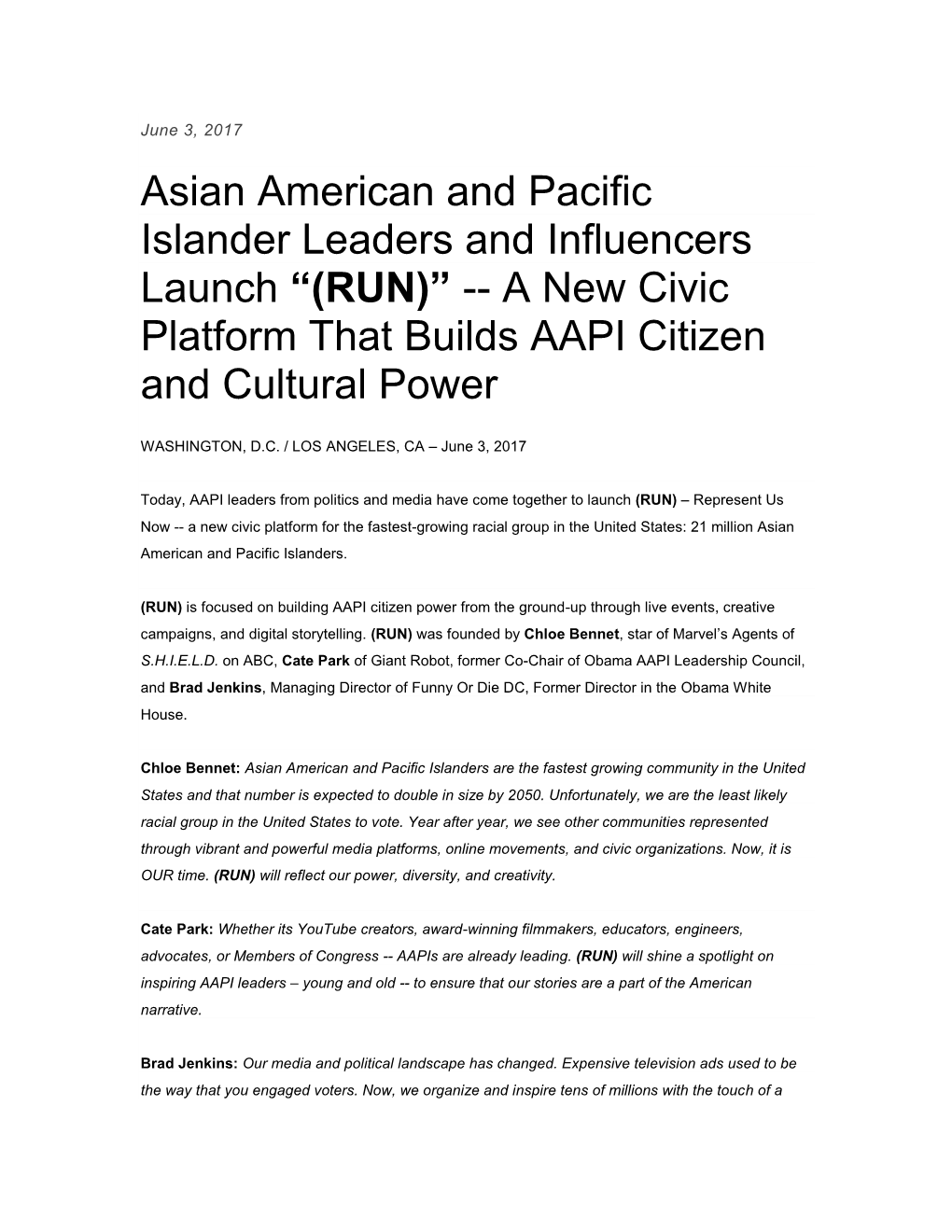 Asian American and Pacific Islander Leaders and Influencers Launch “(RUN)” -- a New Civic Platform That Builds AAPI Citizen and Cultural Power