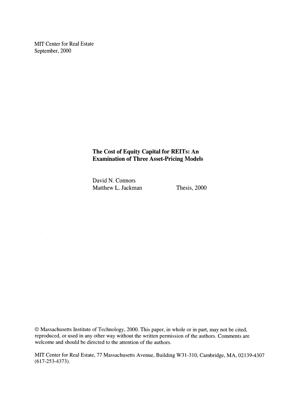 The Cost of Equity Capital for Reits: an Examination of Three Asset-Pricing Models