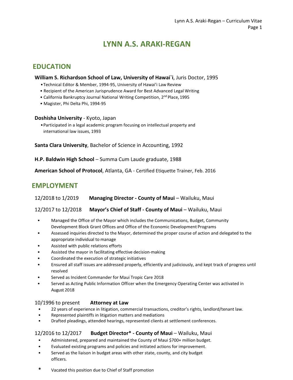 Lynn A.S. Araki-Regan – Curriculum Vitae Page 1