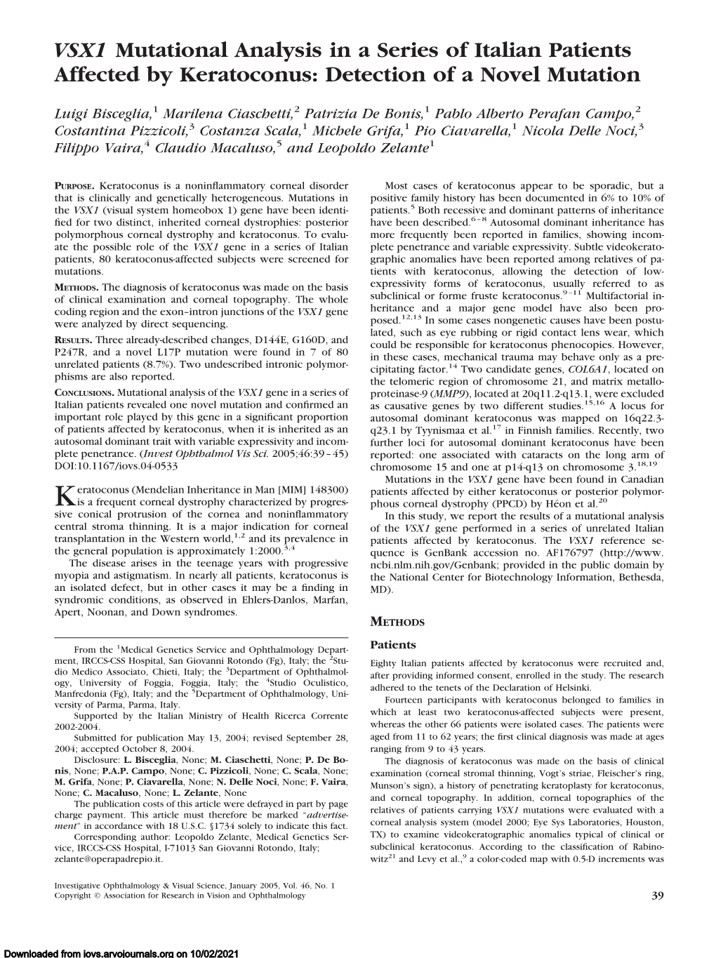 VSX1 Mutational Analysis in a Series of Italian Patients Affected by Keratoconus: Detection of a Novel Mutation