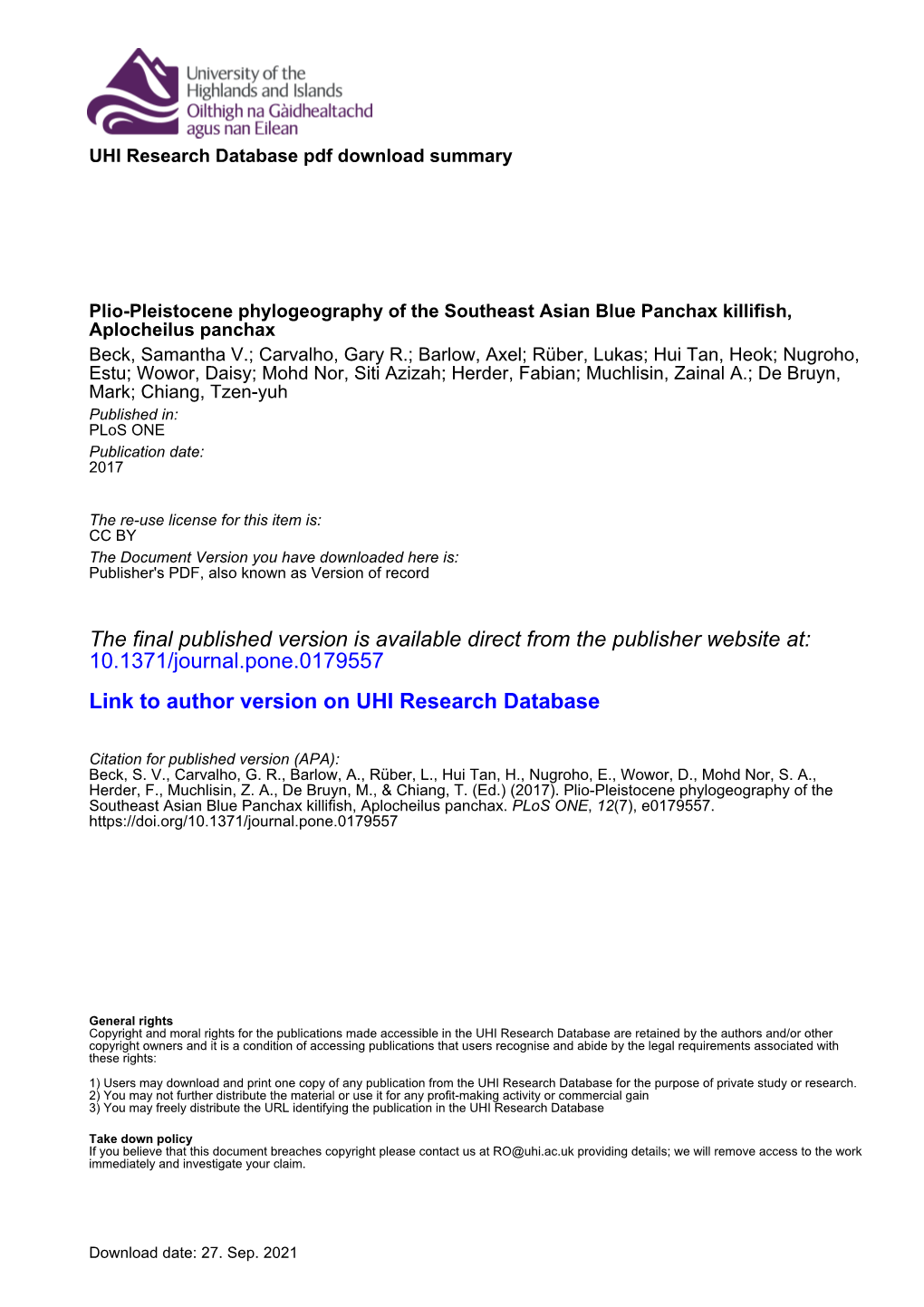 Plio-Pleistocene Phylogeography of the Southeast Asian Blue Panchax Killifish, Aplocheilus Panchax