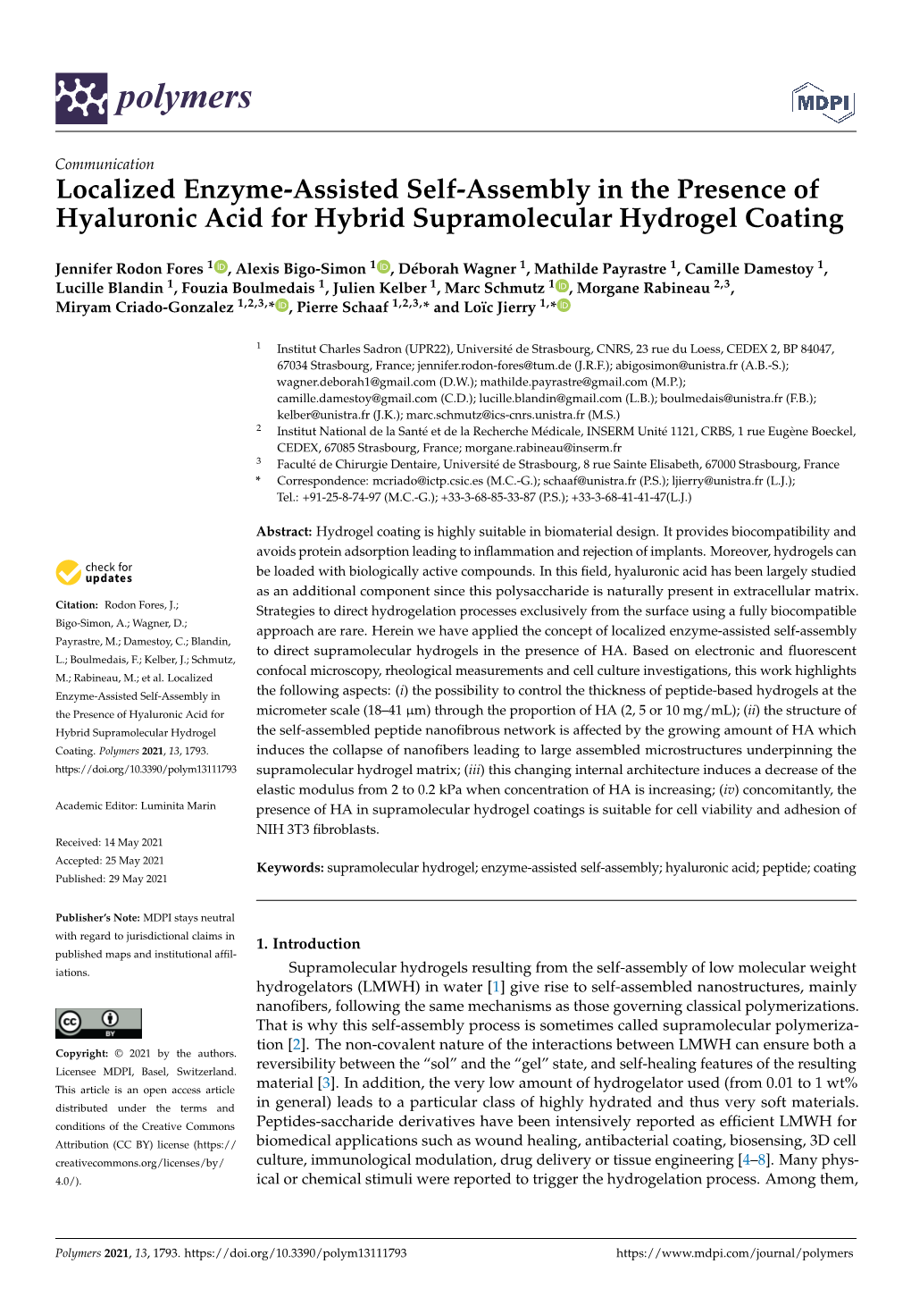 Localized Enzyme-Assisted Self-Assembly in the Presence of Hyaluronic Acid for Hybrid Supramolecular Hydrogel Coating