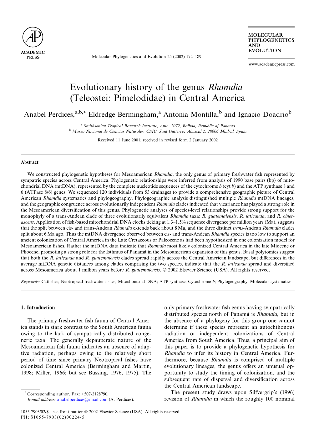 Evolutionary History of the Genus Rhamdia (Teleostei: Pimelodidae) in Central America