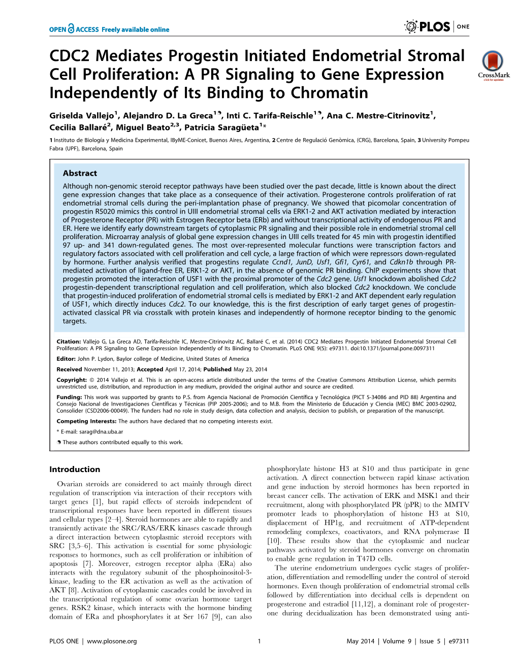 CDC2 Mediates Progestin Initiated Endometrial Stromal Cell Proliferation: a PR Signaling to Gene Expression Independently of Its Binding to Chromatin