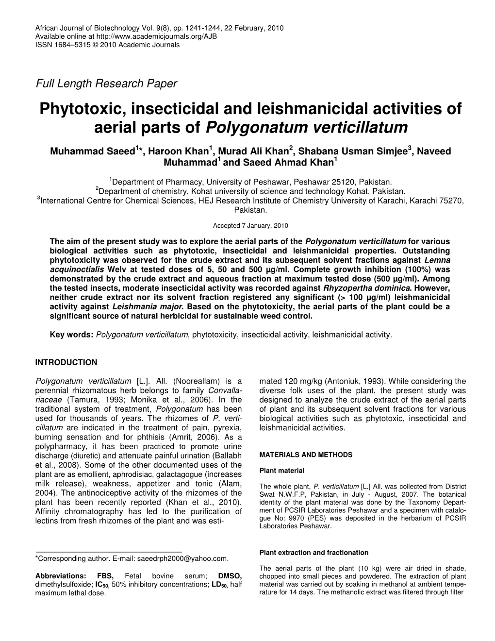 Phytotoxic, Insecticidal and Leishmanicidal Activities of Aerial Parts of Polygonatum Verticillatum