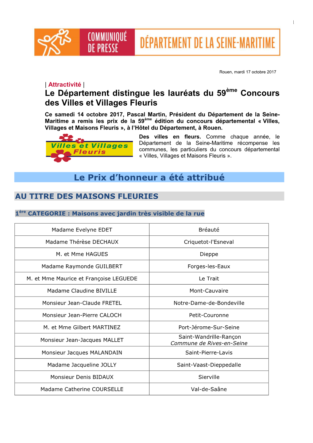 Le Département Distingue Les Lauréats Du 59 Concours Des Villes Et