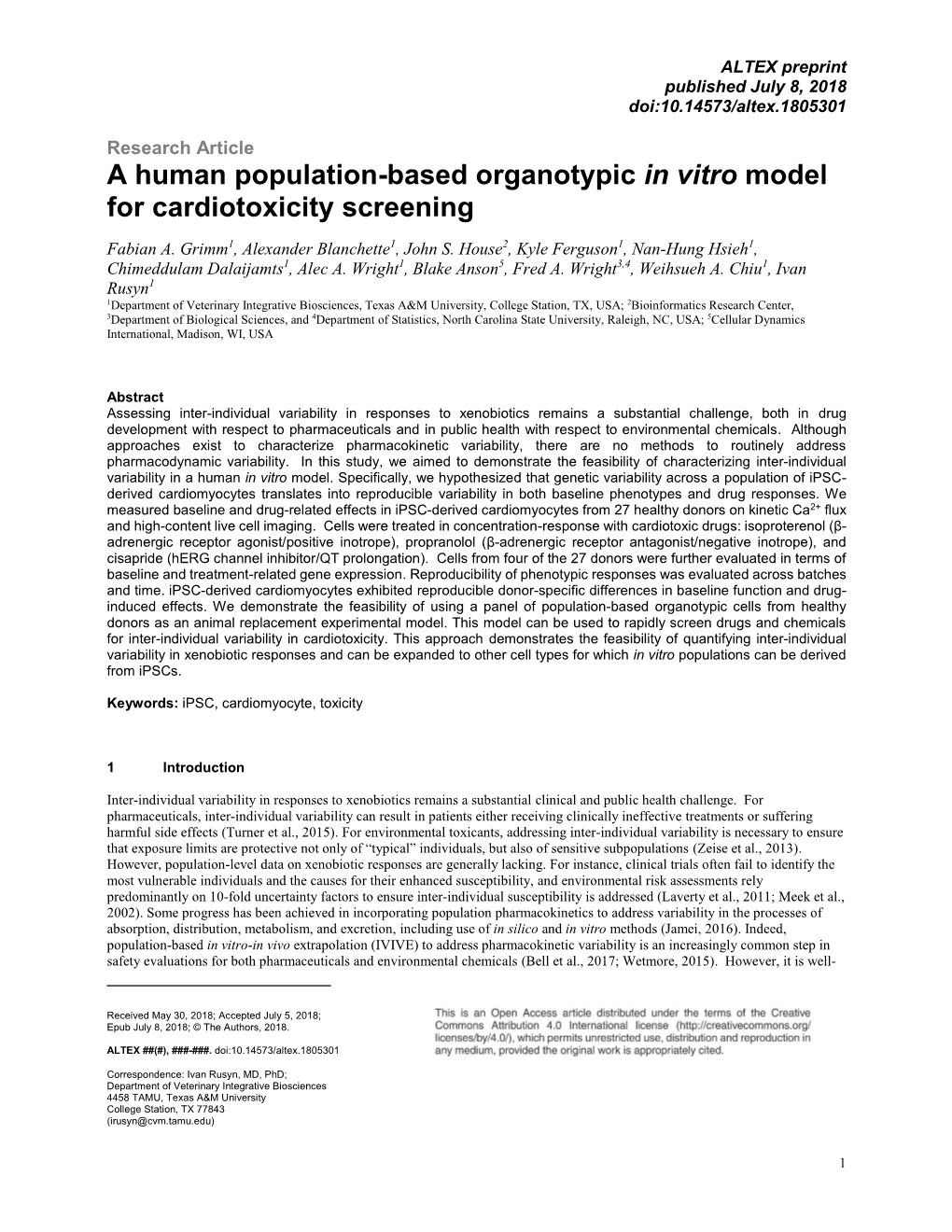 A Human Population-Based Organotypic in Vitro Model for Cardiotoxicity Screening1