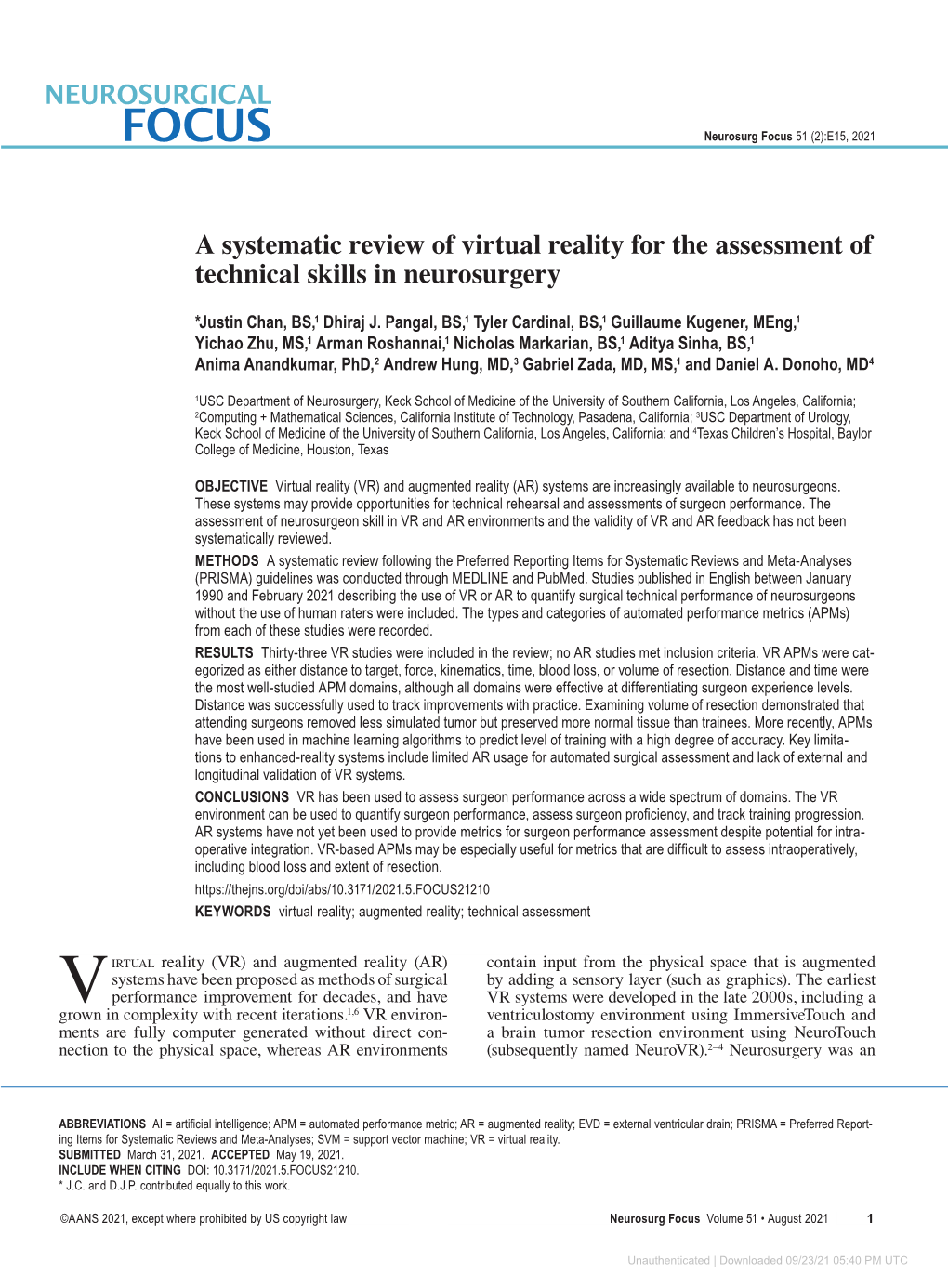 A Systematic Review of Virtual Reality for the Assessment of Technical Skills in Neurosurgery