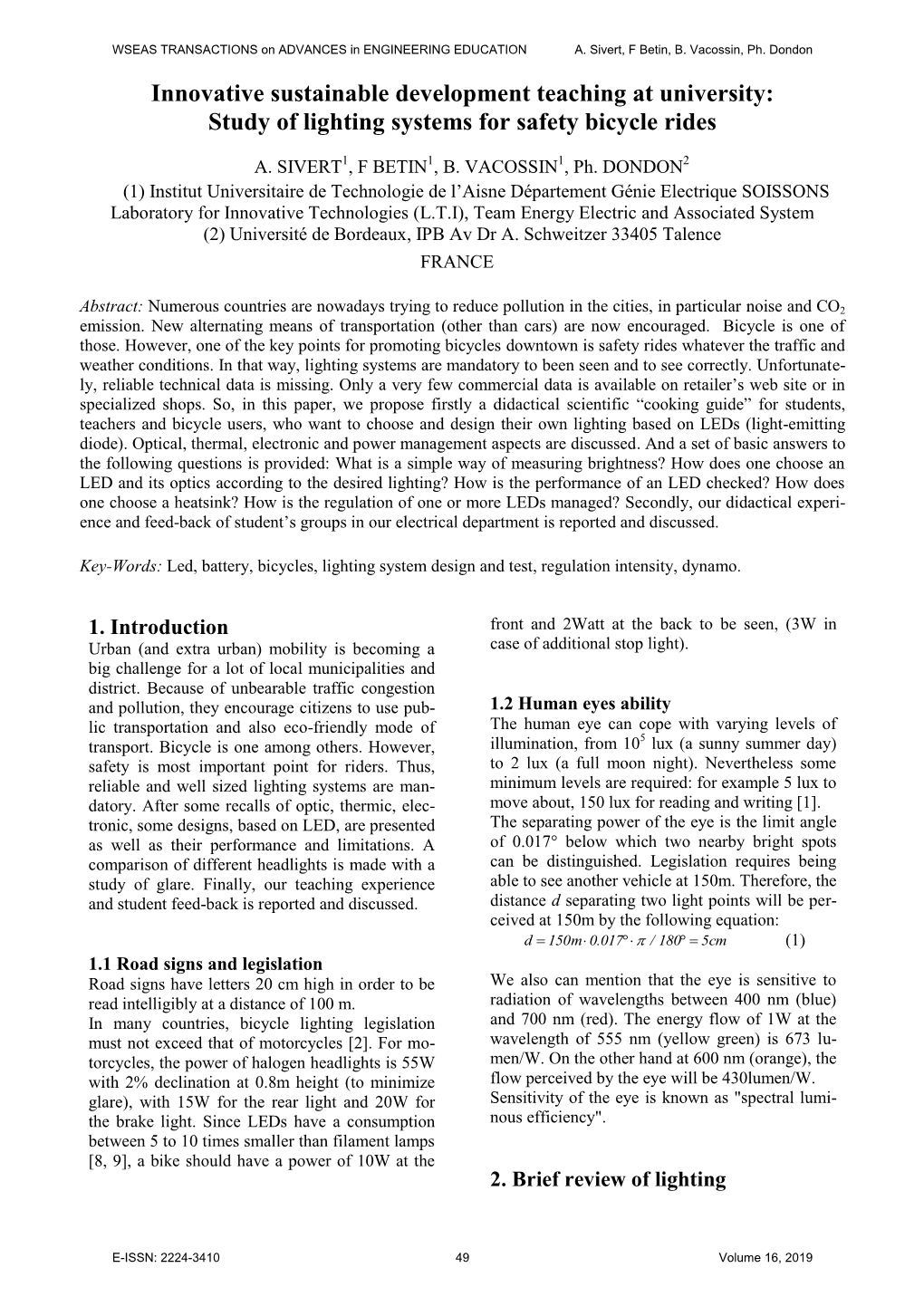 Study of Lighting Systems for Safety Bicycle Rides