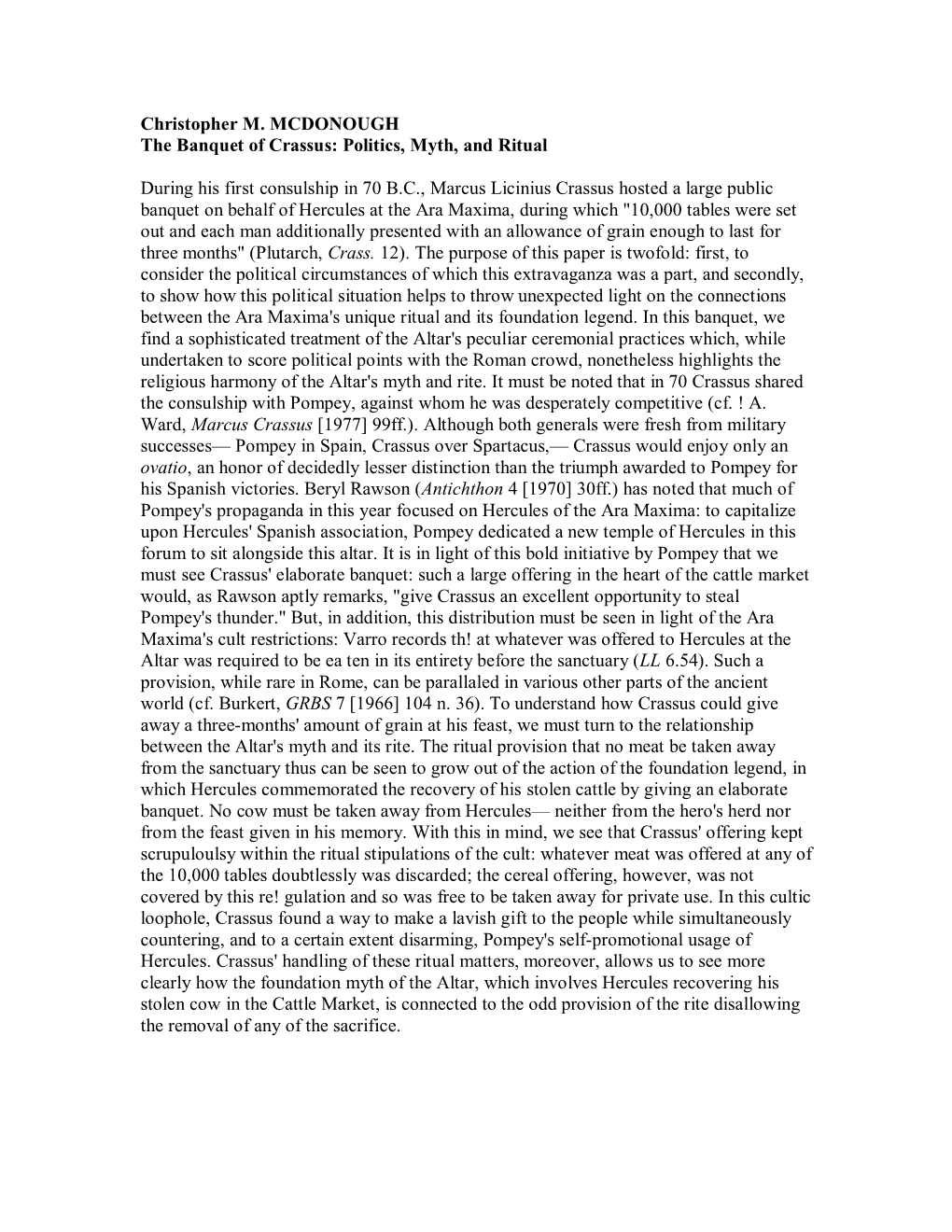 Christopher M. MCDONOUGH the Banquet of Crassus: Politics, Myth, and Ritual