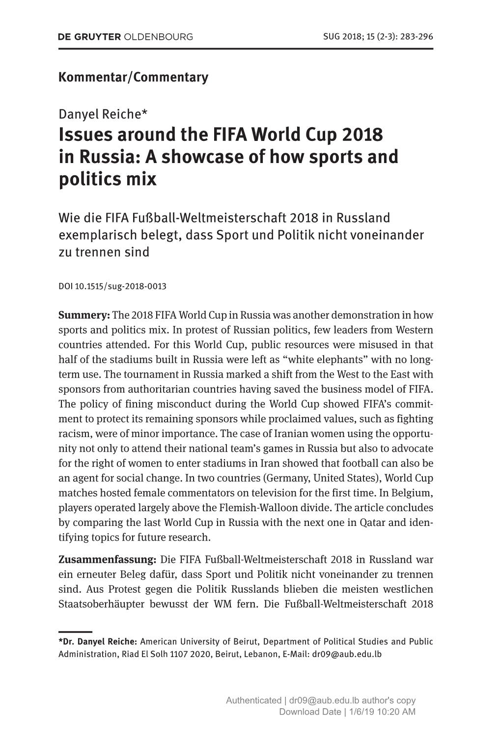 Issues Around the FIFA World Cup 2018 in Russia: a Showcase of How Sports and Politics Mix