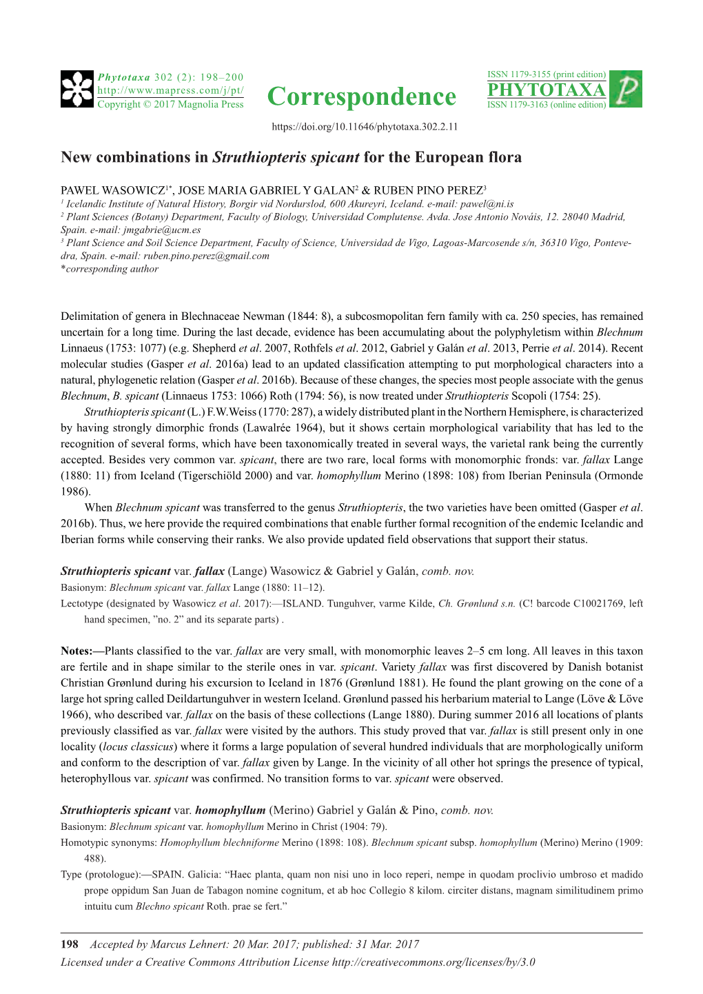 New Combinations in Struthiopteris Spicant for the European Flora