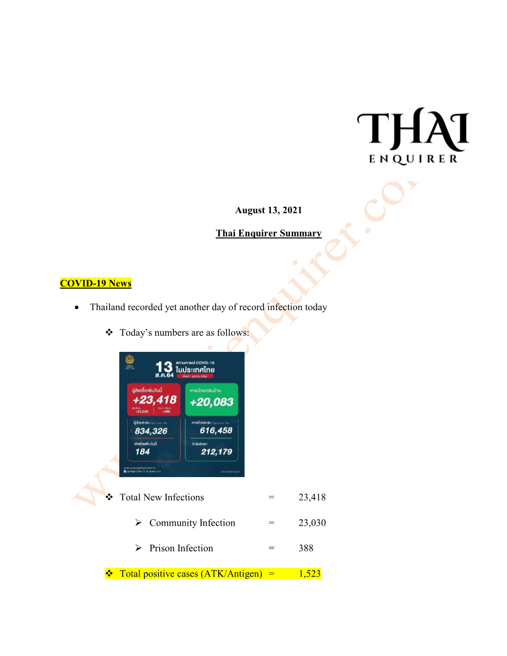 August 13, 2021 Thai Enquirer Summary COVID-19 News