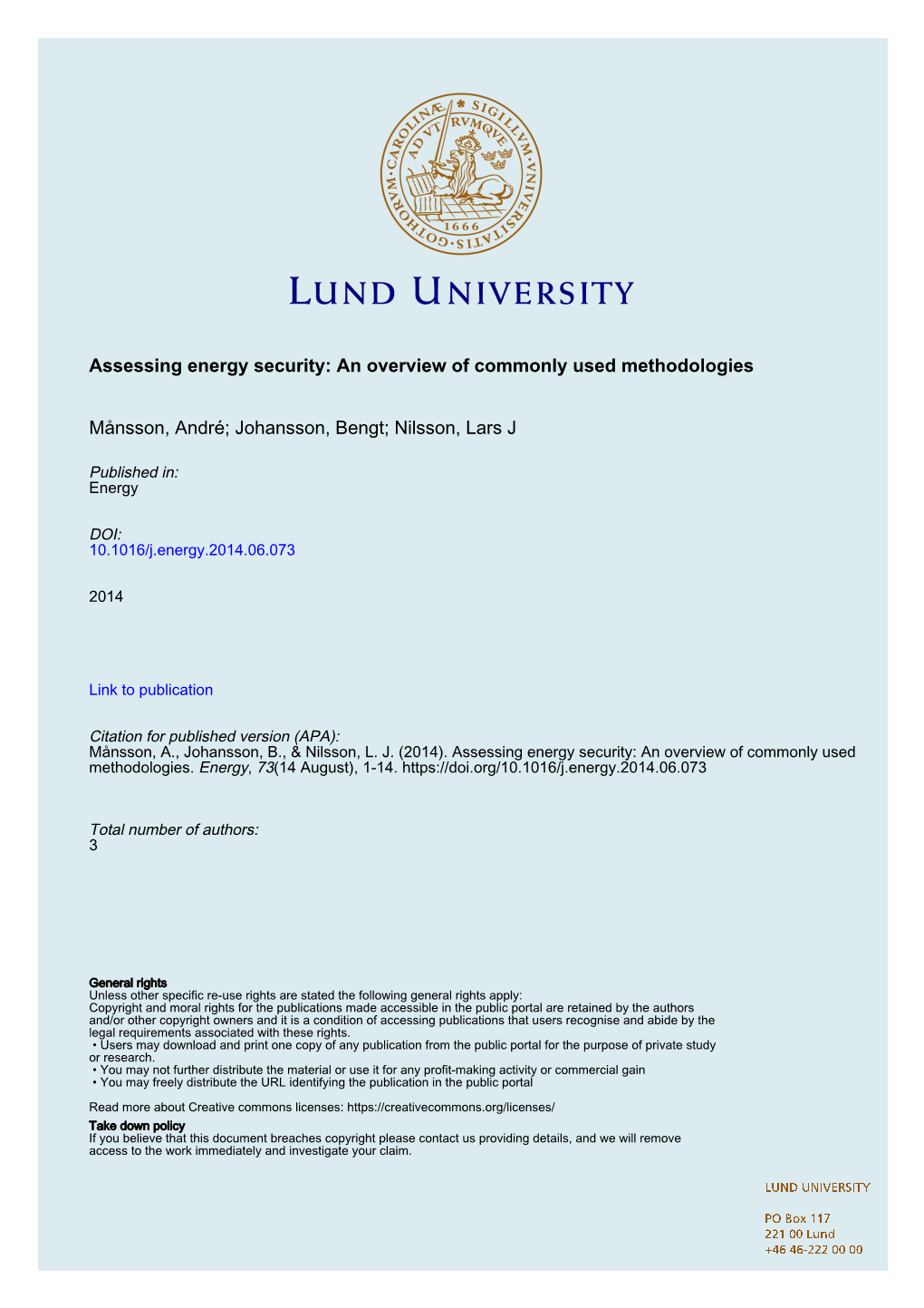 Assessing Energy Security: an Overview of Commonly Used Methodologies