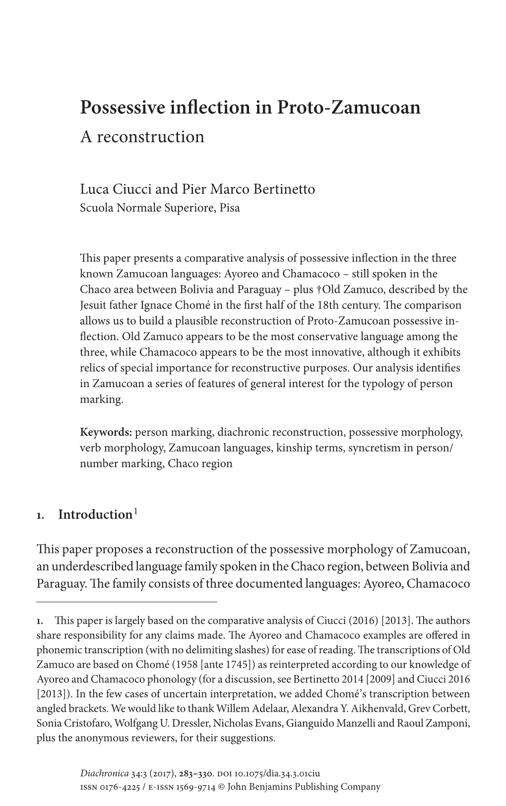 Possessive Inflection in Proto-Zamucoan a Reconstruction