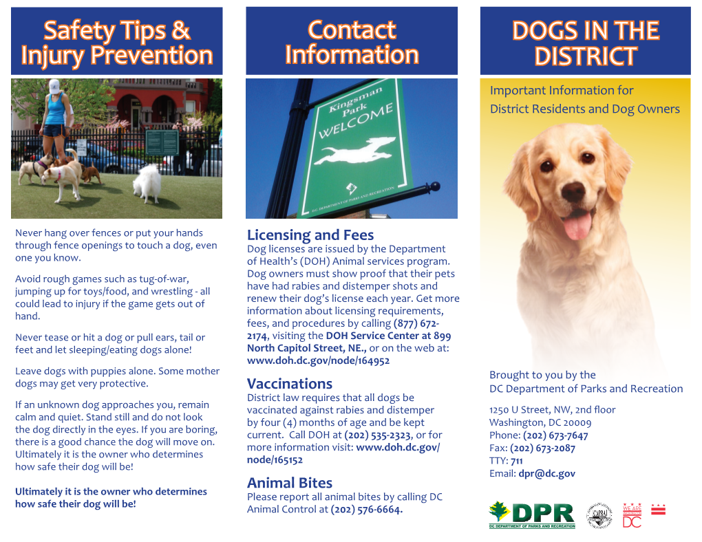 DOGS in the DISTRICT Contact Information Safety Tips & Injury Prevention