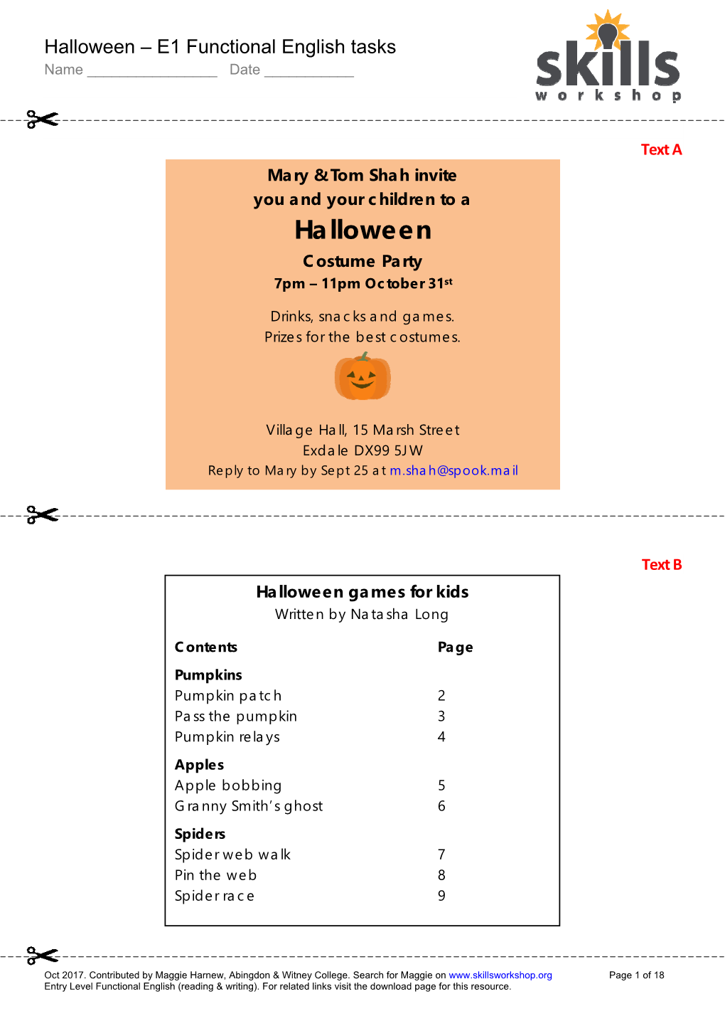 Halloween – E1 Functional English Tasks Name ______Date ______