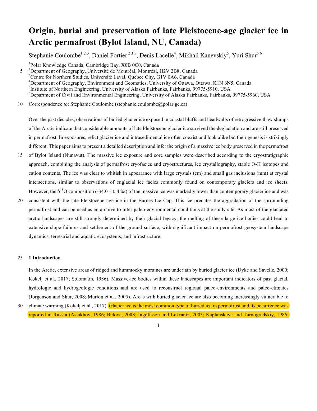 Origin, Burial and Preservation of Late Pleistocene-Age Glacier Ice in Arctic