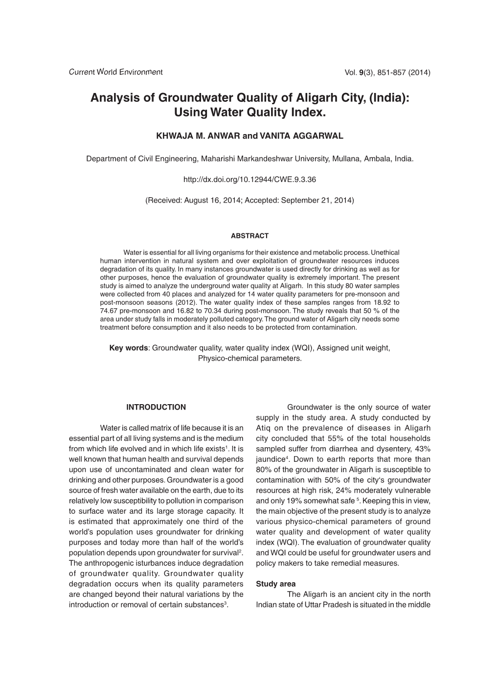 Analysis of Groundwater Quality of Aligarh City, (India): Using Water Quality Index