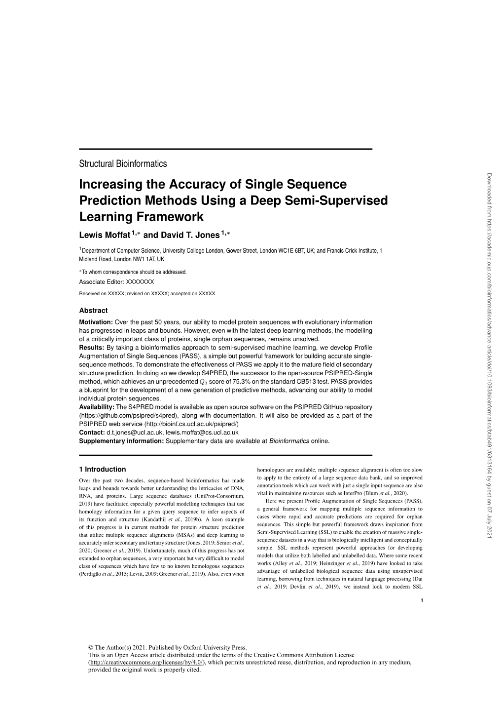 Increasing the Accuracy of Single Sequence Prediction Methods Using a Deep Semi-Supervised Learning Framework Lewis Moffat 1,∗ and David T