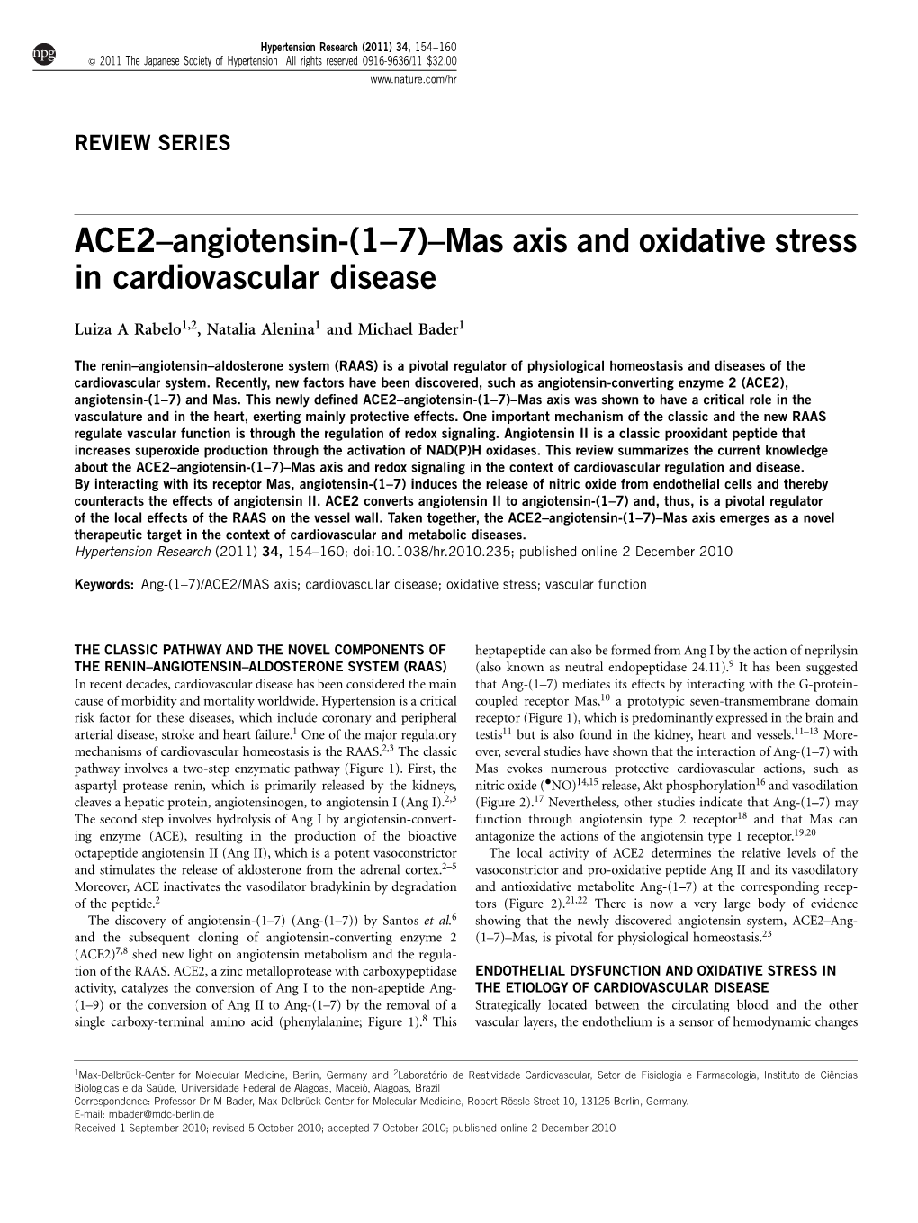 ACE2–Angiotensin-(1–7)–Mas Axis and Oxidative Stress in Cardiovascular Disease