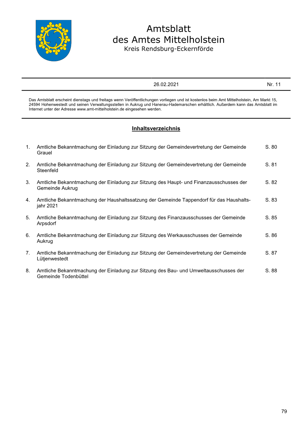 Amtsblatt Des Amtes Mittelholstein Kreis Rendsburg-Eckernförde