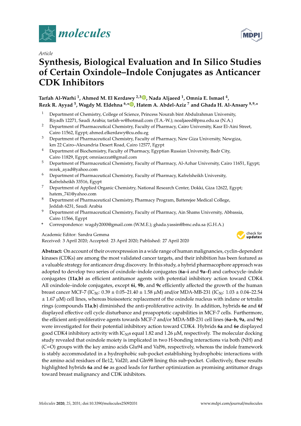 Synthesis, Biological Evaluation and in Silico Studies of Certain Oxindole–Indole Conjugates As Anticancer CDK Inhibitors